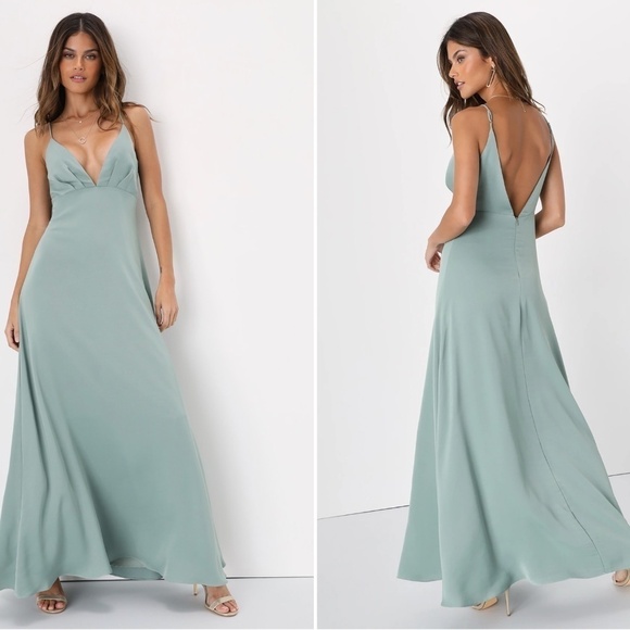 LULU's Bridesmaid Prom Wedding Sexy Open Back Satin Sage Green Maxi Dress - Picture 3 of 3